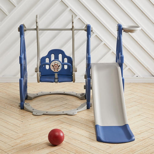 Kids Slide Climber and Swing Set Basketball Hoop 3 in 1 Play Game Center Blue