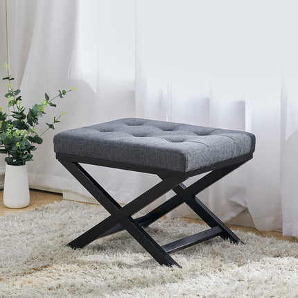 Linen Buttoned Footstool with X shaped Legs