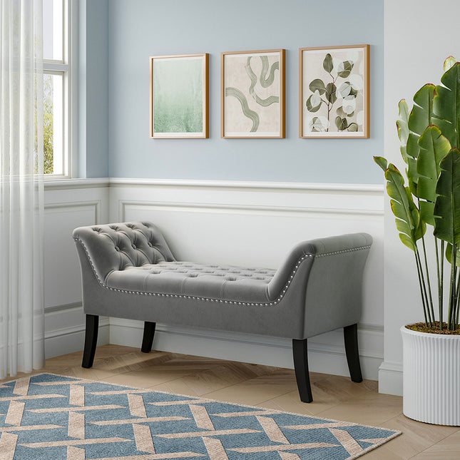 Grey Velvet Upholstered Bedroom Bench
