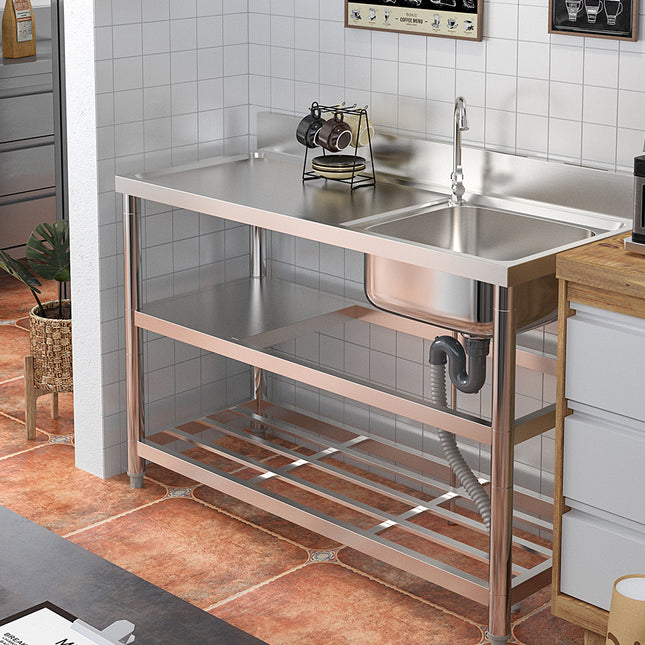 Silver 120cm Stainless Steel Kitchen Compartment Sink with Shelves