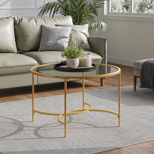 Gold Modern Round Tempered Glass Coffee Table for Living Room