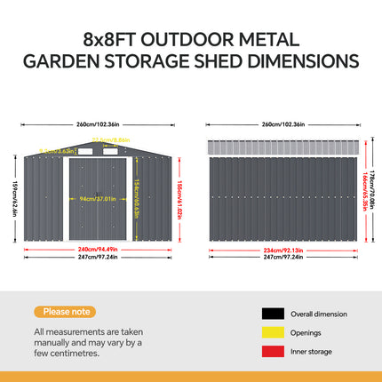 8x8FT Metal Garden Storage Shed with Sliding Door