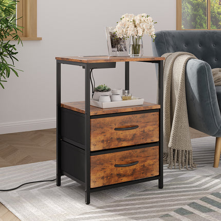 Nightstand Bedside Table with Charging Station and LED Lights