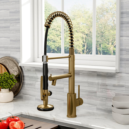 Swivel Kitchen Mixer Tap Dual Spout with Pull Down Sprayer and Pot Filler,Golden