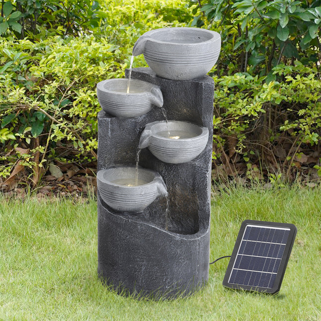 4 Tier Bowl Outdoor Solar Powered Water Fountain Rockery Decor with LED Light 62cm H