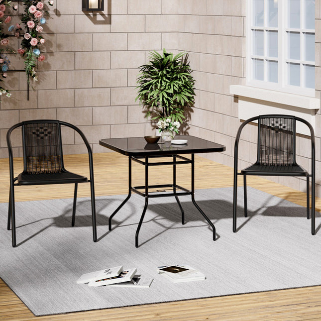 3-Piece Garden Set 80cm Square Glass Umbrella Table and Stackable Chairs