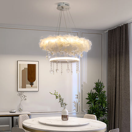 White Double Layer Feather LED Pendant Light with Crystals