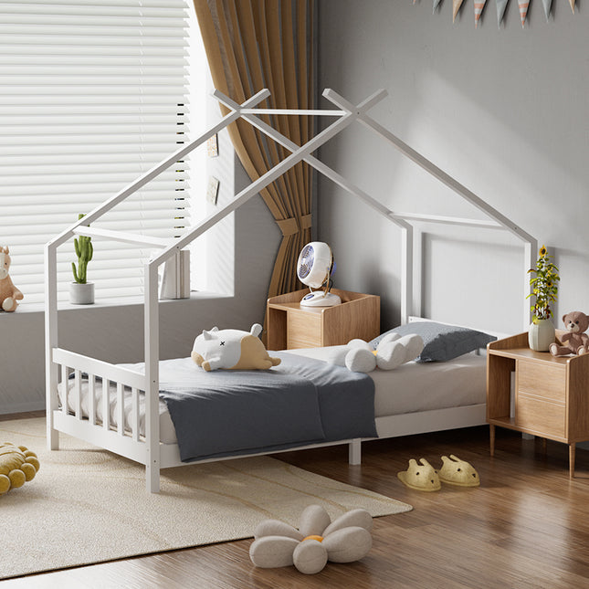 Nordic Pine Wood House Single Bed Frame with Roof for Toddler Kids