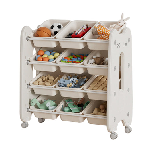 Beige Rolling 4 Tier Plastic Toy Storage Organizer with 12 Removable Boxes