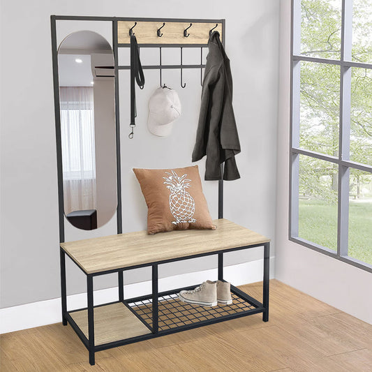 Coat Rack with Shoe Bench and Mirror