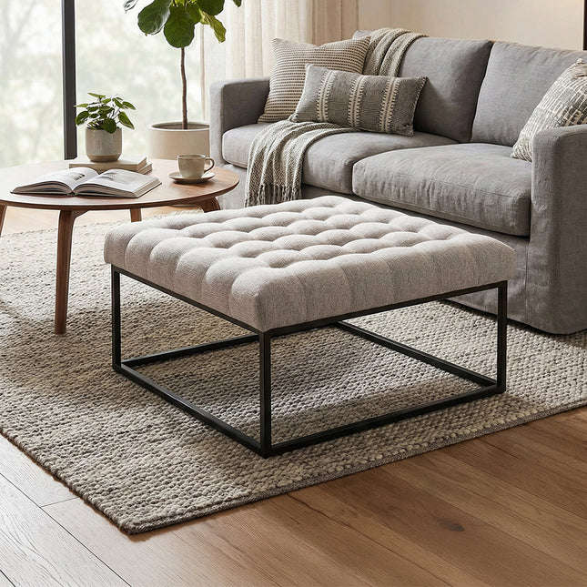 Square Linen Footstool with Metal Frame