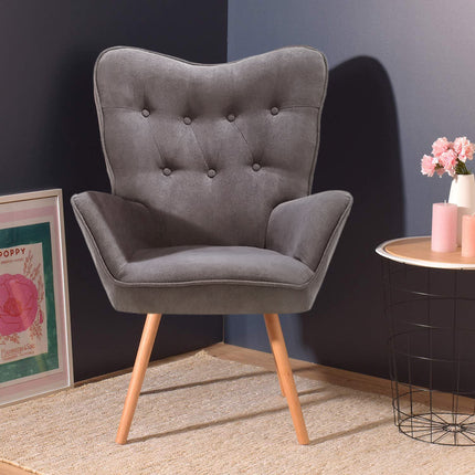 Grey Linen Buttoned Armchair with Wood Legs