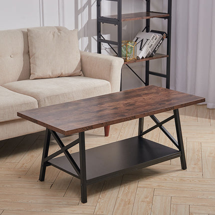 Brown 2 Tier Industrial Style Coffee Table with Storage Shelf