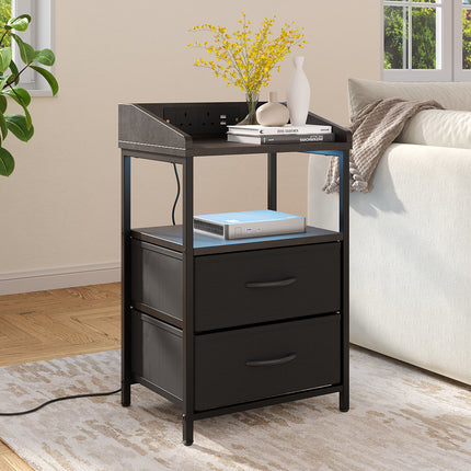 Nightstand Bedside Table with Charging Station and LED Lights