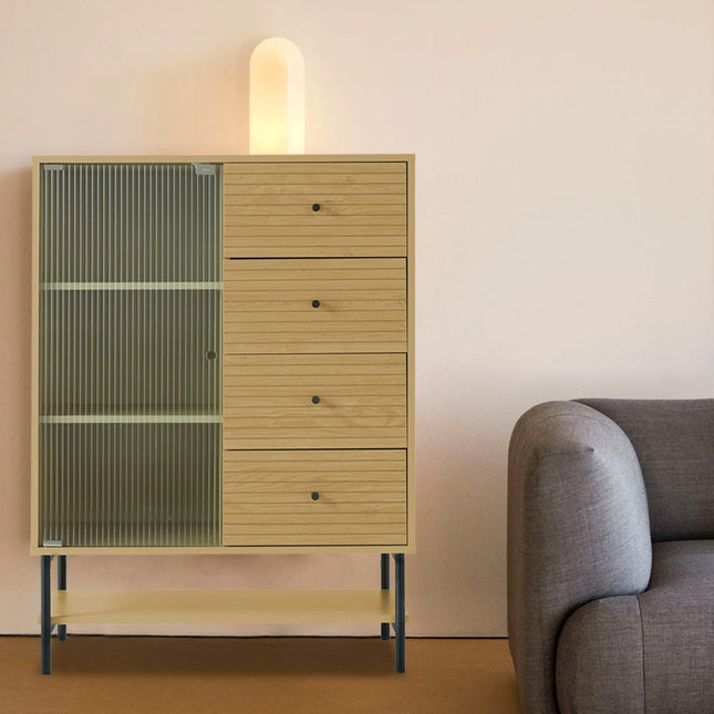 Contemporary Storage Cabinet with Fluted Glass Door and Slatted Drawers