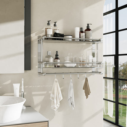 2-Tier Wall Mounted Stainless Steel Bathroom Shelf with Towel Bars