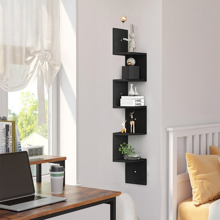 Wooden Zigzag Floating Corner Shelves 5-Tier Black