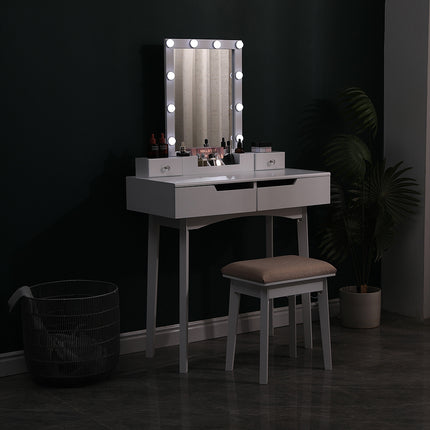 White 80cm Modern Makeup Dressing Desk Set with Lighted Mirror and Stool