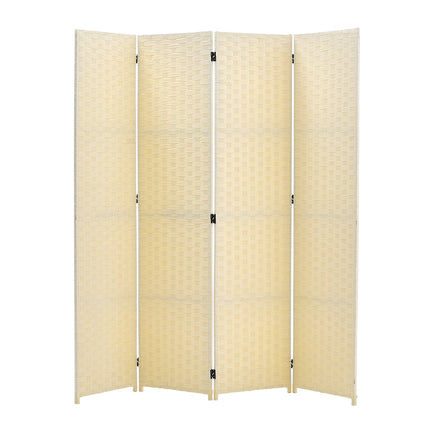 Folding room divider privacy screen with four panels made of ivory woven fiber