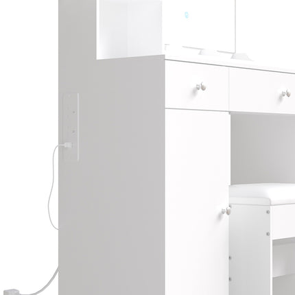 LED Illuminated Mirror Dressing Table Stool Set with Power Strip