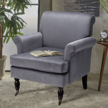 Contemporary Velvet Armchair with Wood Legs and Front Casters