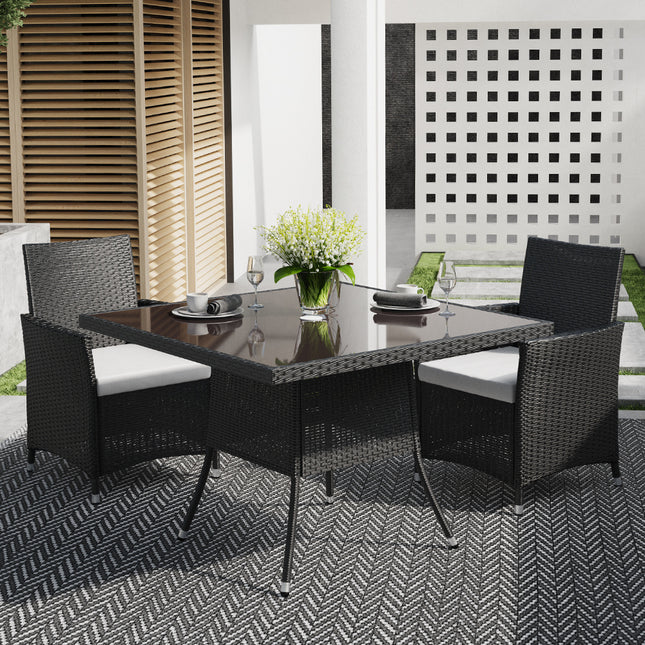 105CM Patio Garden Square Rattan Glass Table With Umbrella Hole Black