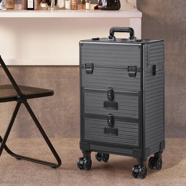 Aluminum 3 in 1 Cosmetic Trolley Case Beauty case on Wheels,Black