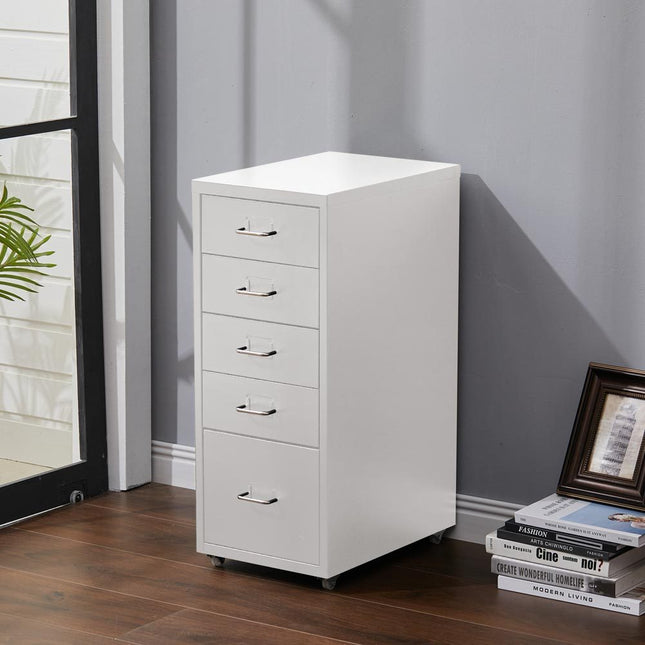 Office Rolling File Cabinet with 5 Drawers Shelf and Wheels White