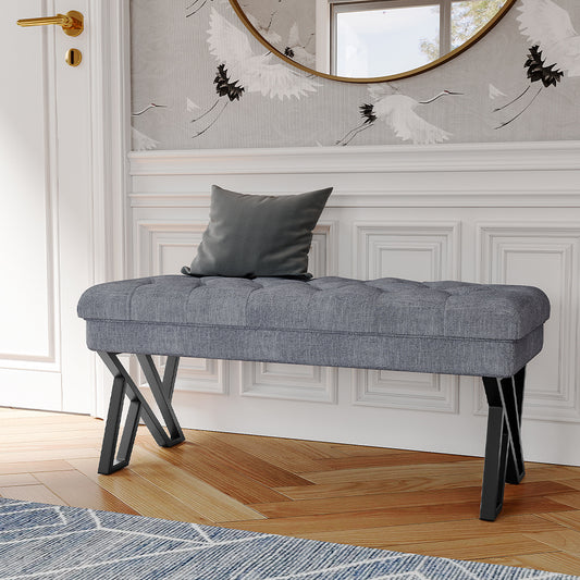 Grey Mid Century Metal Linen Upholstered Bench