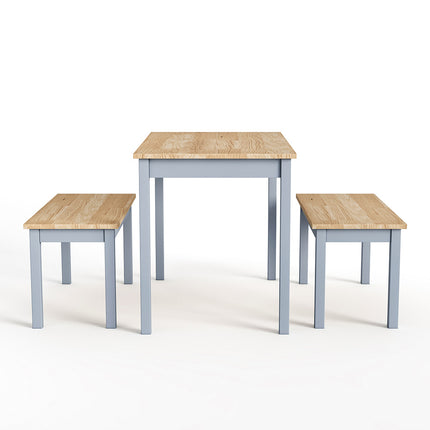Three contemporary wood dining tables and benches in grey