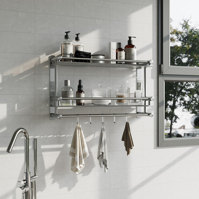 2-Tier Wall Mounted Stainless Steel Bathroom Shelf with Towel Bars