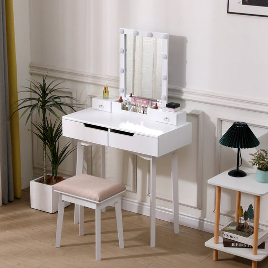 White 80cm Modern Makeup Dressing Desk Set with Lighted Mirror and Stool
