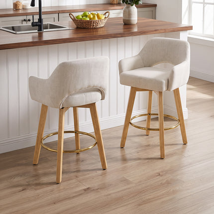 Set of 2 Swivel Chenille Upholstered Bar Stools with Wooden Legs