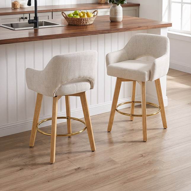 Set of 2 Swivel Chenille Upholstered Bar Stools with Wooden Legs