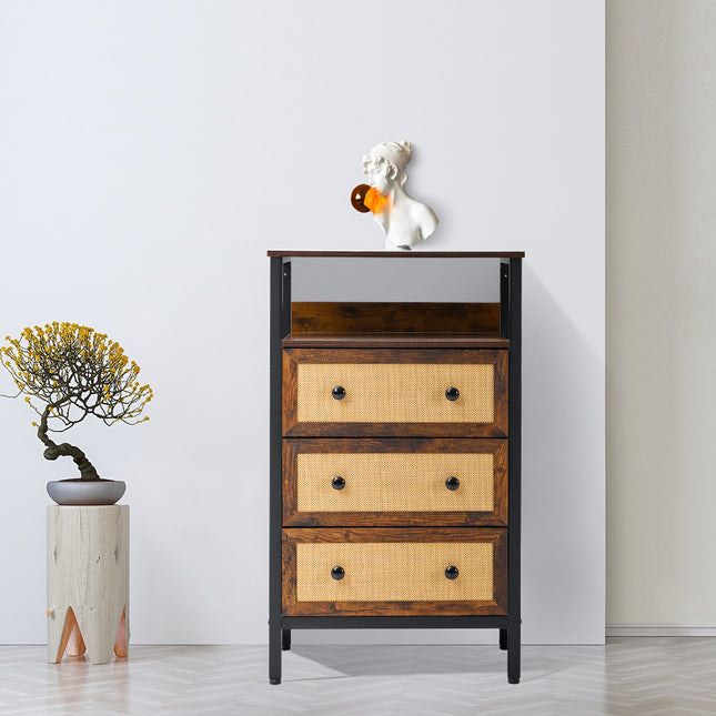 3 Drawer Rustic Rattan Storage Cabinet with Shelf  104cm H