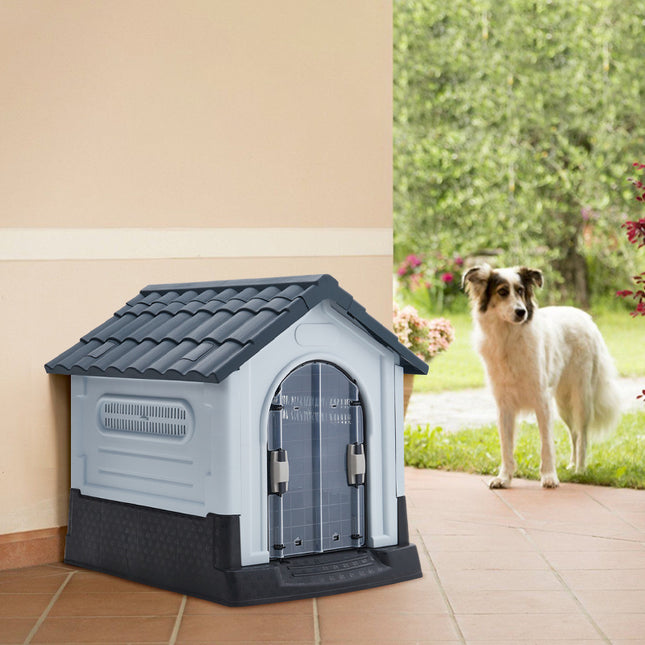 Grey Weatherproof Plastic Dog House Kennel with Skylight and Door