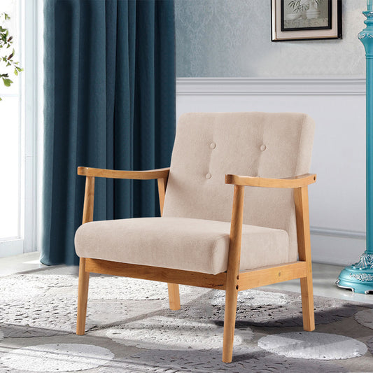 Accent Linen Fabric Buttoned Armchair Wooden Frame Beige