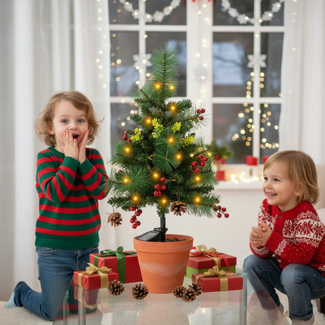 Set of 2 Solar-Powered Artificial Christmas Tree Decorations with Lights