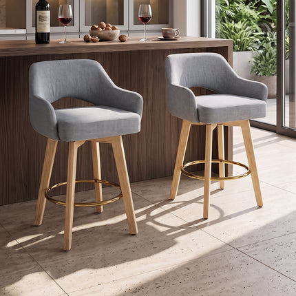 Set of 2 Swivel Chenille Upholstered Bar Stools with Wooden Legs