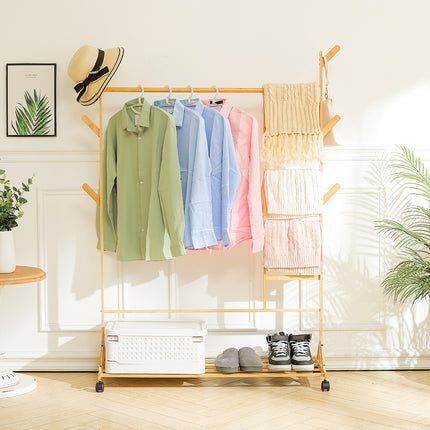 Bamboo Clothes Rack with Bottom Shelf Shoe Clothing Organizer