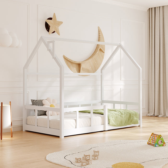 White Wooden House Shape Kids Bed Frame