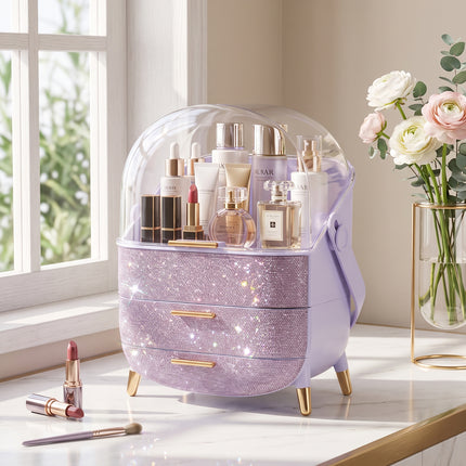 Countertop Portable Oval Makeup Storage Box with Transparent Cover