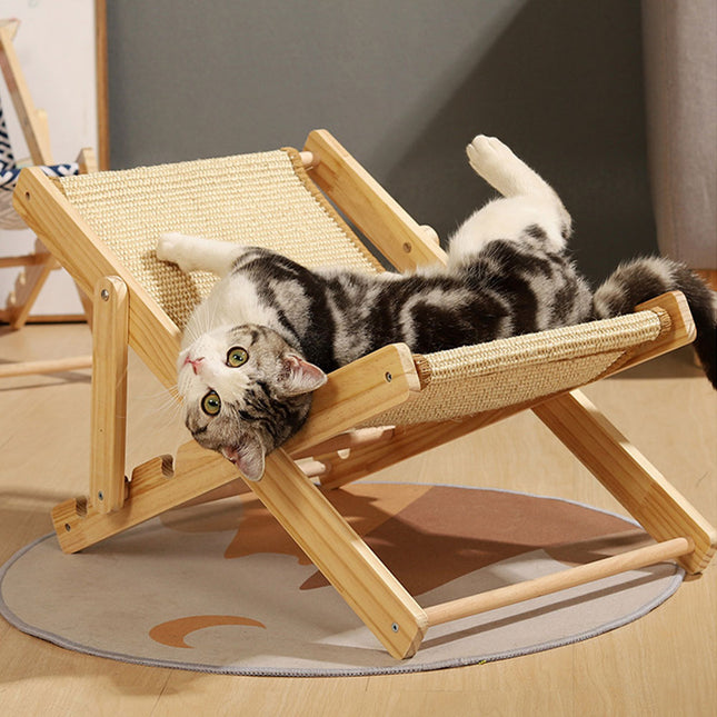 Adjustable 4-Position Sisal Cat Lounge Chair with Solid Wood Frame