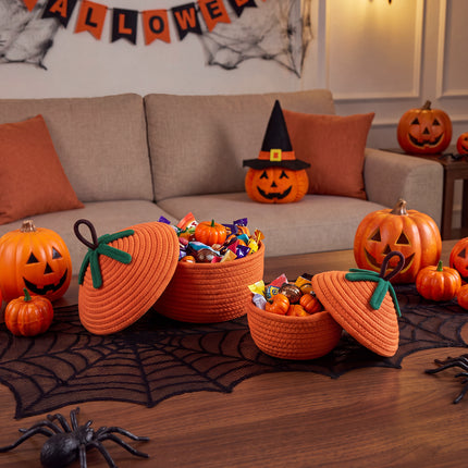 2-Piece Decorative Halloween Pumpkin Woven Baskets with Lids