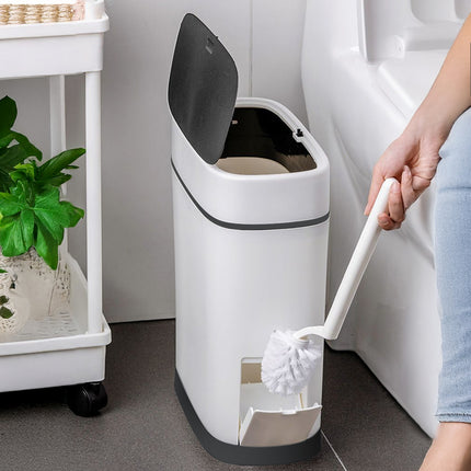 Slim Plastic Trash Can with Built-in Toilet Brush