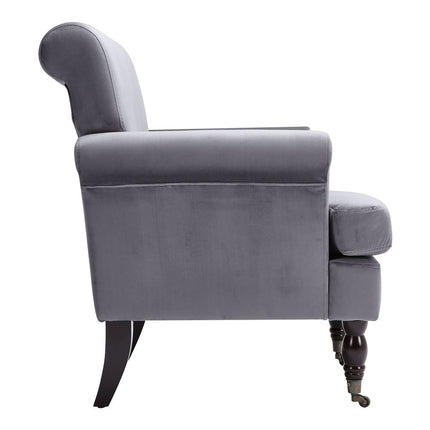 Contemporary Velvet Armchair with Wood Legs and Front Casters