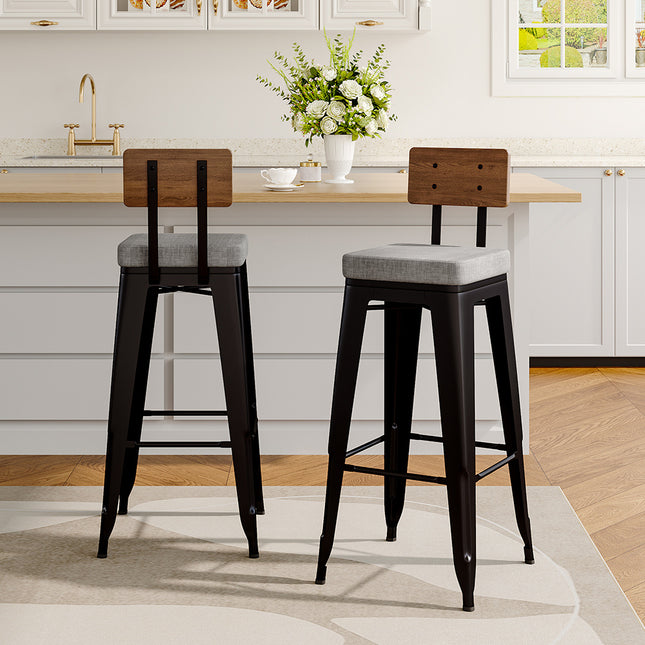 2Pcs Metal Breakfast Bar Stools with Cushions and Backrest,Grey 106cm