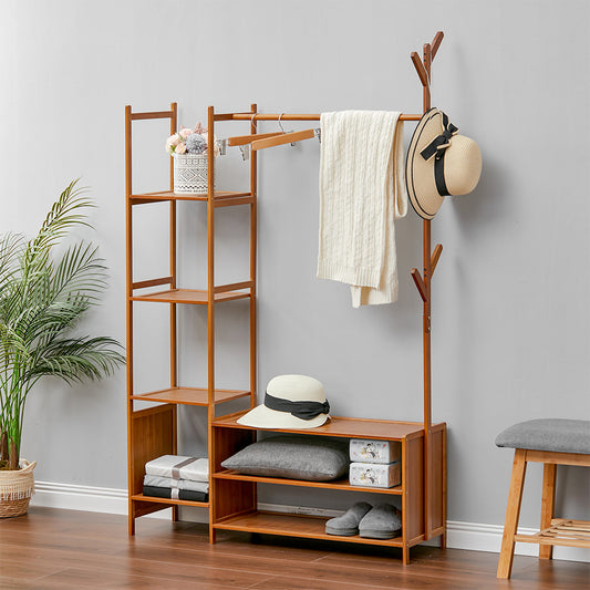 Freestanding Bamboo Clothes Rack with Storage Shelves 139CM