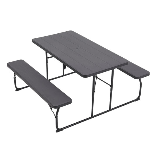 Black Foldable Picnic Table and Bench Set with Parasol Hole