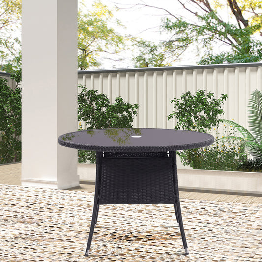 105CM Patio Garden Round Rattan Glass Table With Umbrella Hole Black